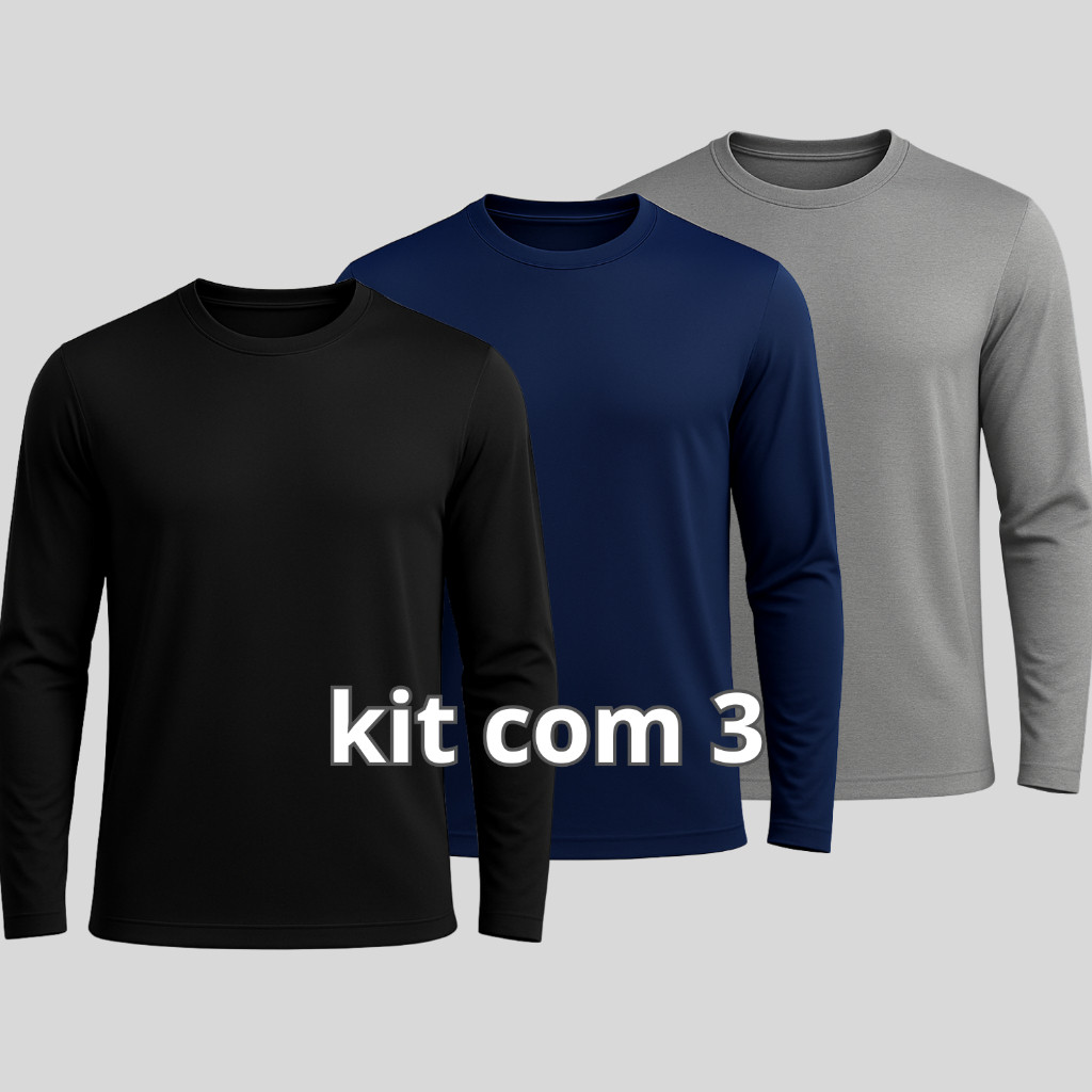Kit 3 Camisetas Uv 50 Masculina Manga Longa Praia Pesca Corrida Academia Trabalho Proteção Solar Dry Fit Conforto Leve