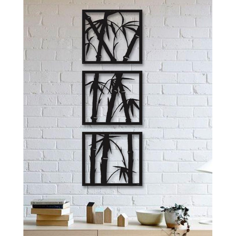 Trio De Quadros Decorativos Bambu Mdf Vazado Preto MDF 60*20