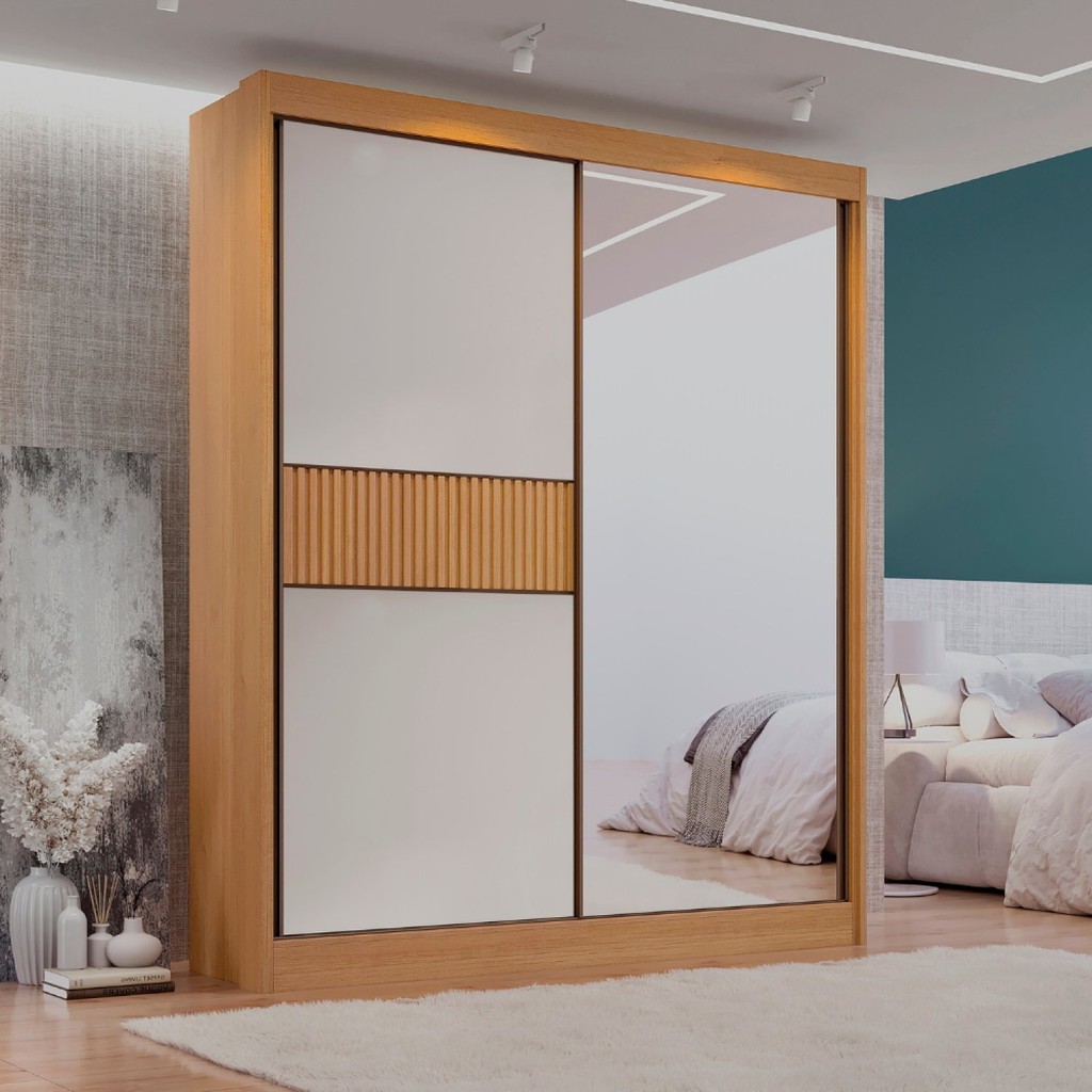 Guarda Roupa Casal 2 Portas 3 Gavetas com Espelho 100% Mdf Grécia Ripado Cinamomo/Off White