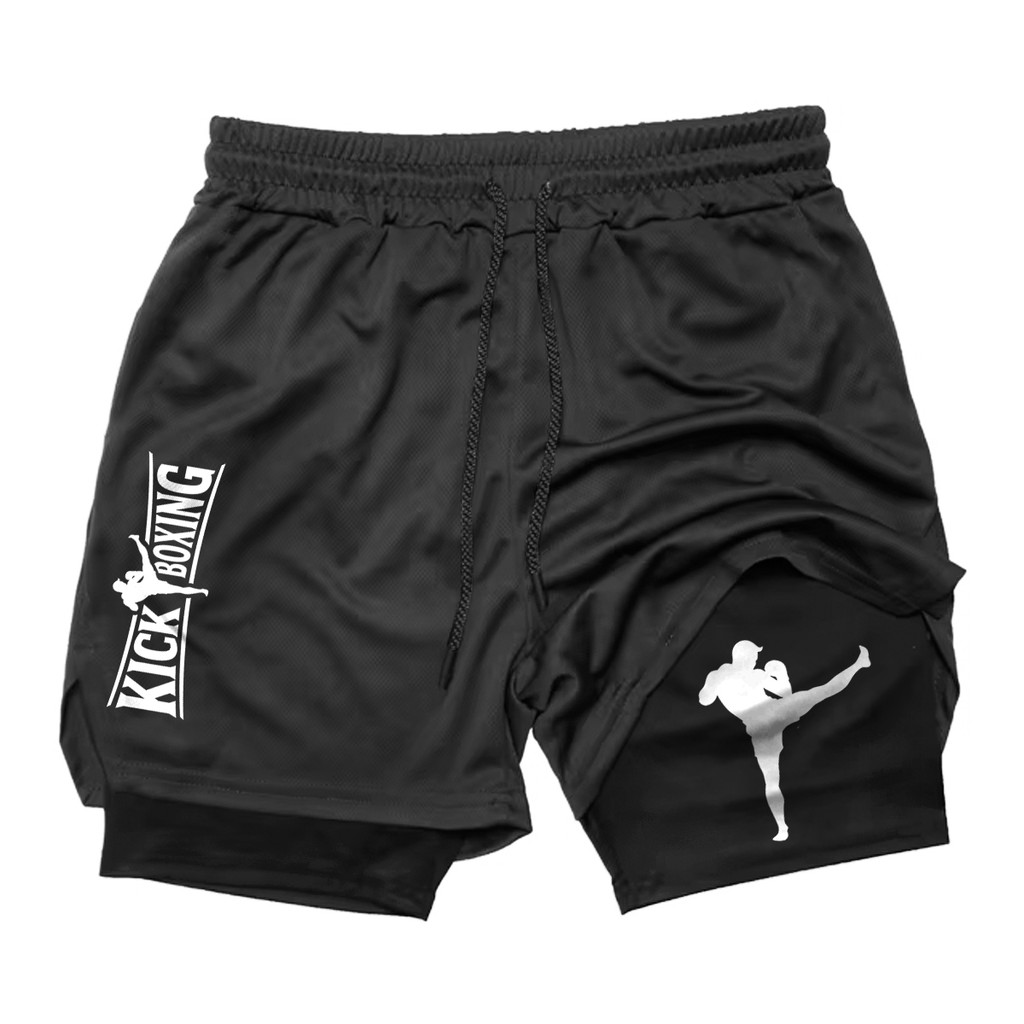Short 2 em 1 Masculino Kickboxing com Proteção UV e Compressão Bermuda para Academia e Corrida