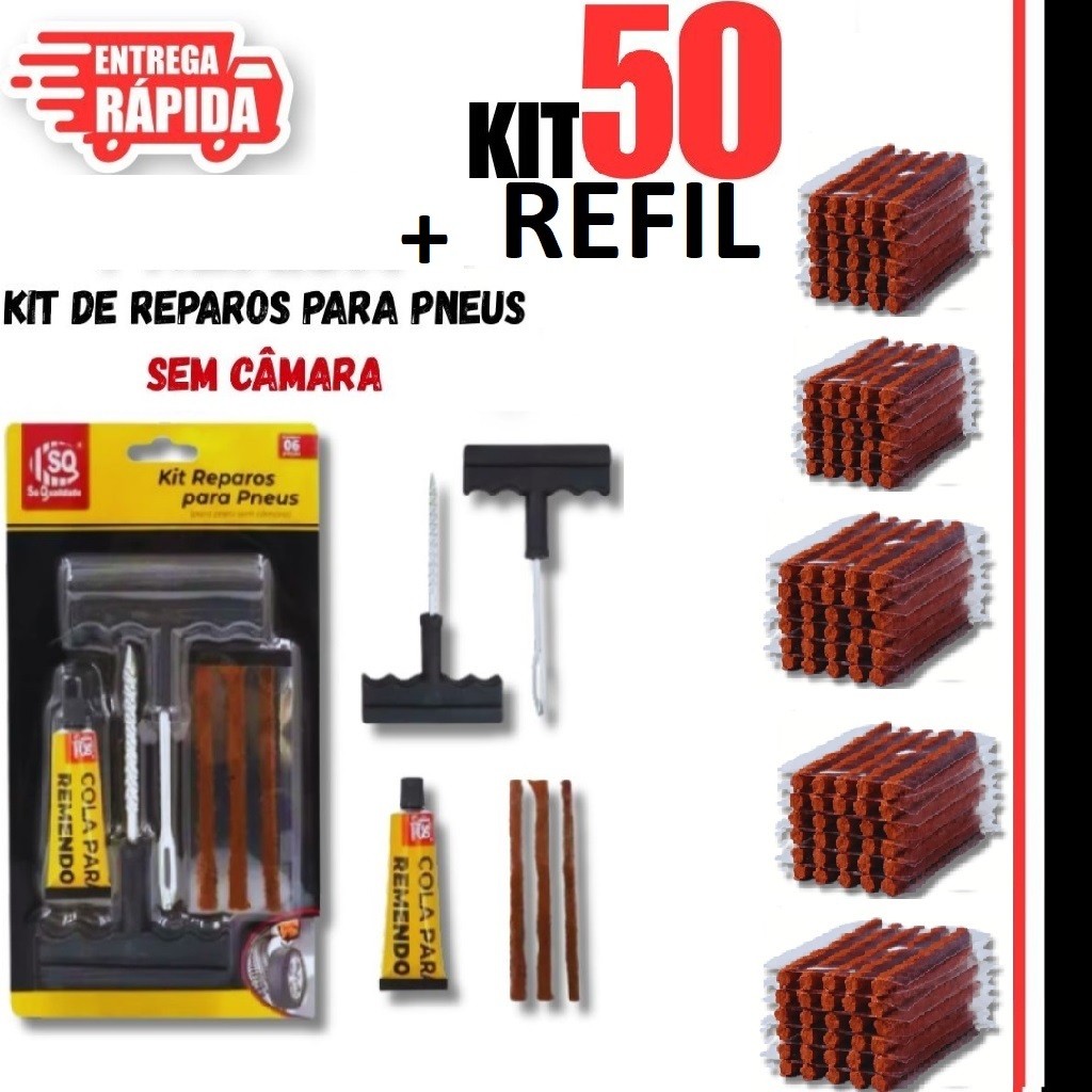 Kit Reparo Pneu Sem Camara Carro E Moto + 50 Refil Selante Remendo Macarrão