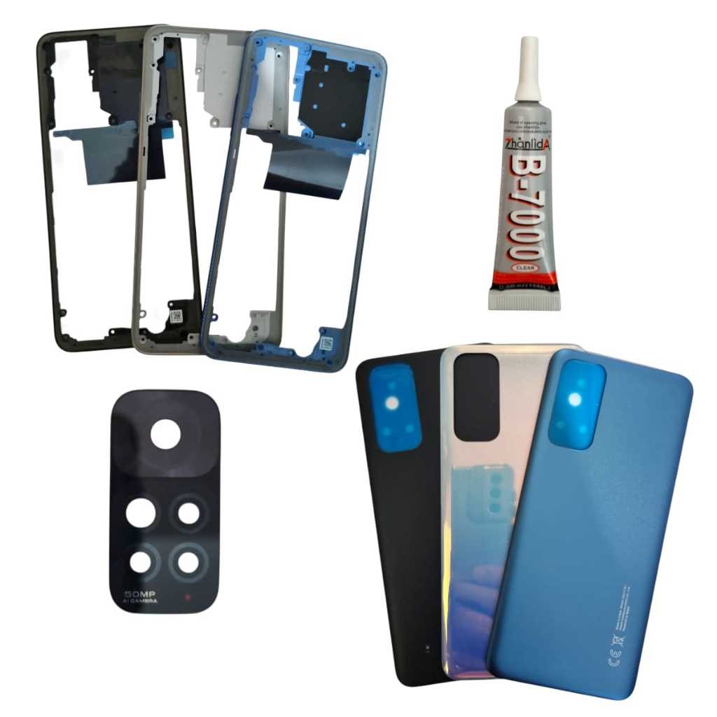 Kit Tampa Traseira de Fundo + Aro Lateral do Meio + Lente de Câmera e Cola 15ml Compatível Com Redmi Note 11 4g