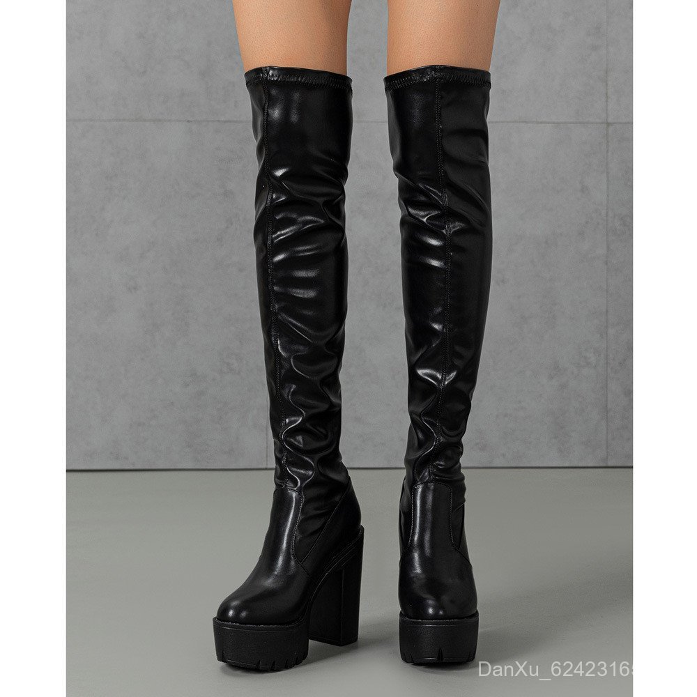 Botas femininas moda plataforma impermeável elástica T plataforma tubo alto passarela botas de salto alto sobre o joelho