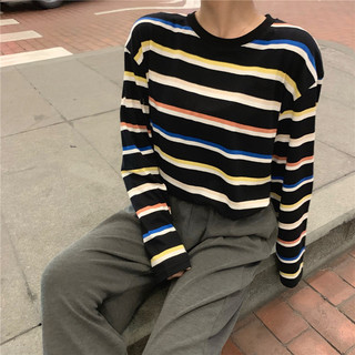 2026 novo estilo arco-íris listrado em torno do pescoço de manga comprida camiseta feminina primavera solta Casual mais 