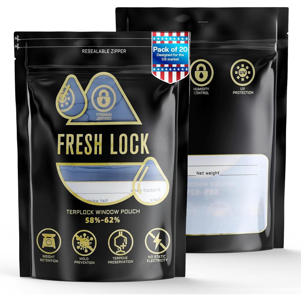 Golden Drop 1lb Curing Bags, 10 Pack Black & Gold Terp Bags, 58%-62% Humidity Control, Windowed Smell-Proof Herb Storage