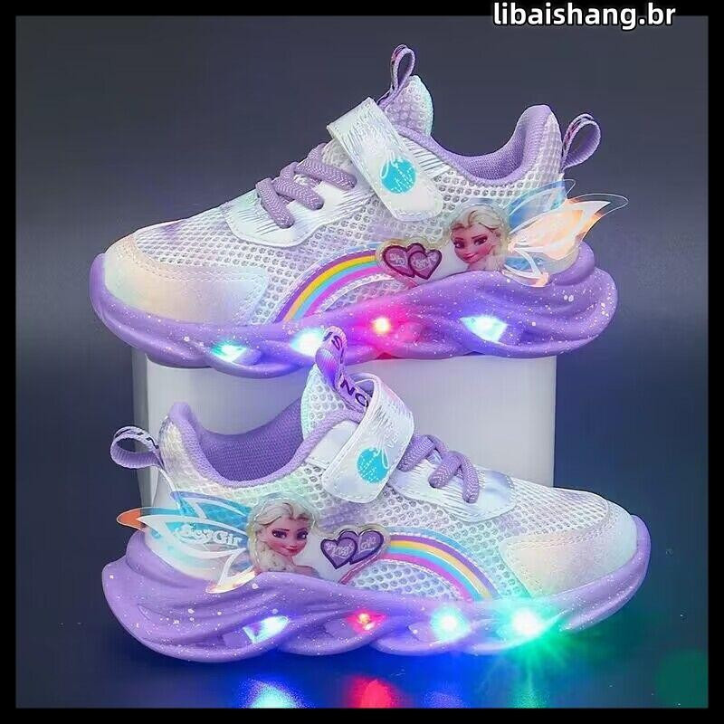 Tênis Casuais de Inverno para Meninas com LED Disney Frozen Elsa Princess, Sapatos Iluminados Antiderrapantes para Uso D