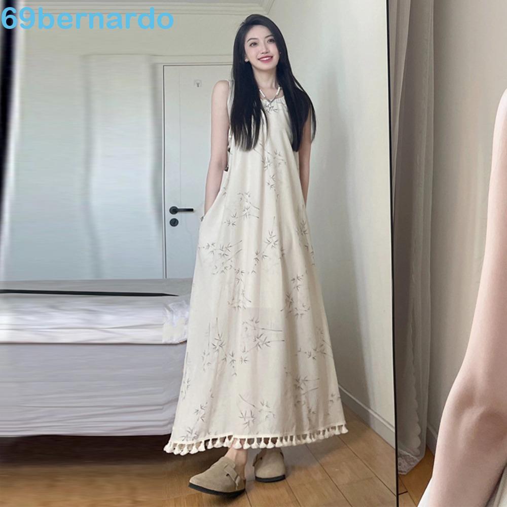 BERNARDO Vestido Longo Sem Mangas , Evasê Solto Floral Com Alças Justas De Verão De Férias Na Praia De Damasco