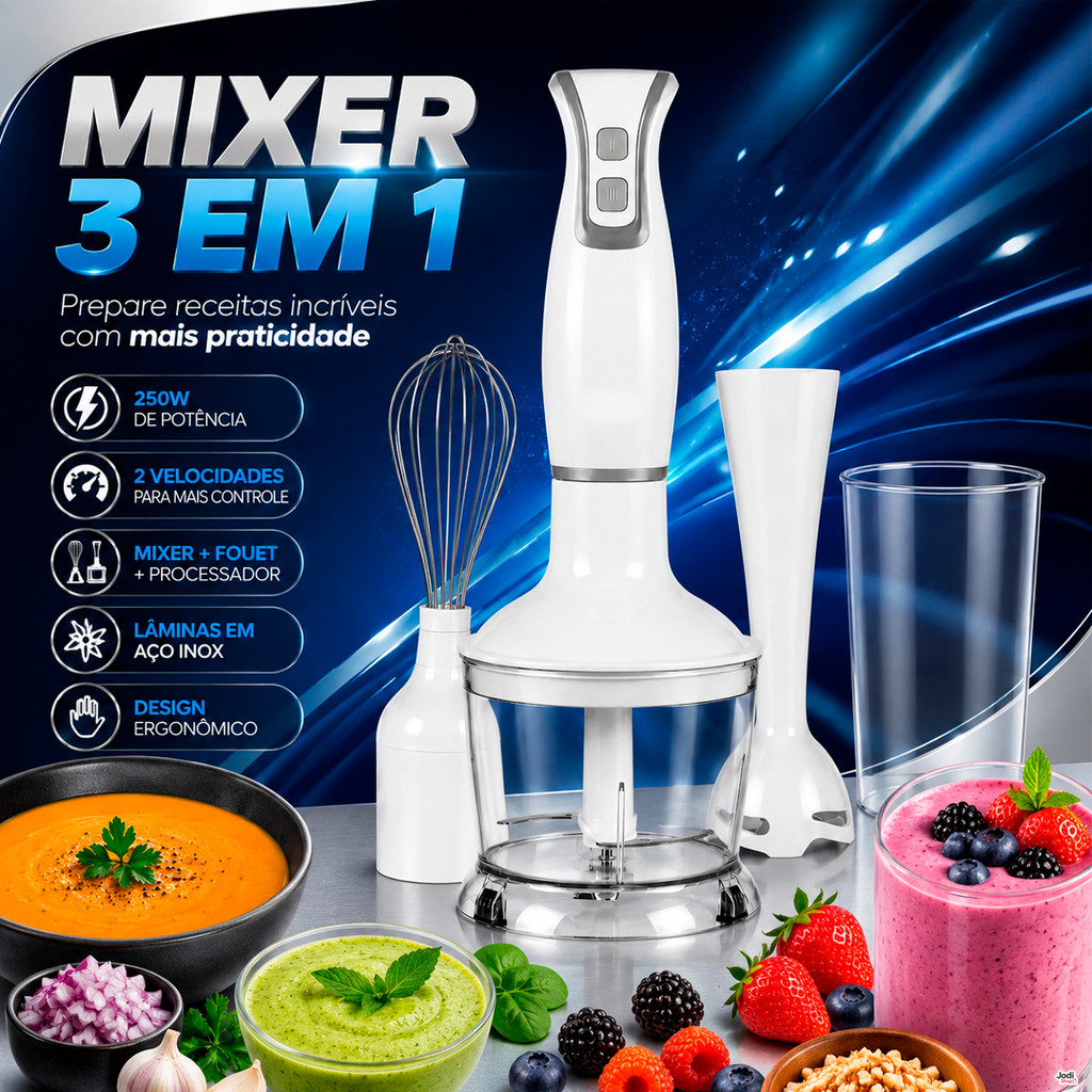 Mixer 3 em 1 250W com Processador 500ml e Fouet Prepare Receitas com Mais Facilidade
