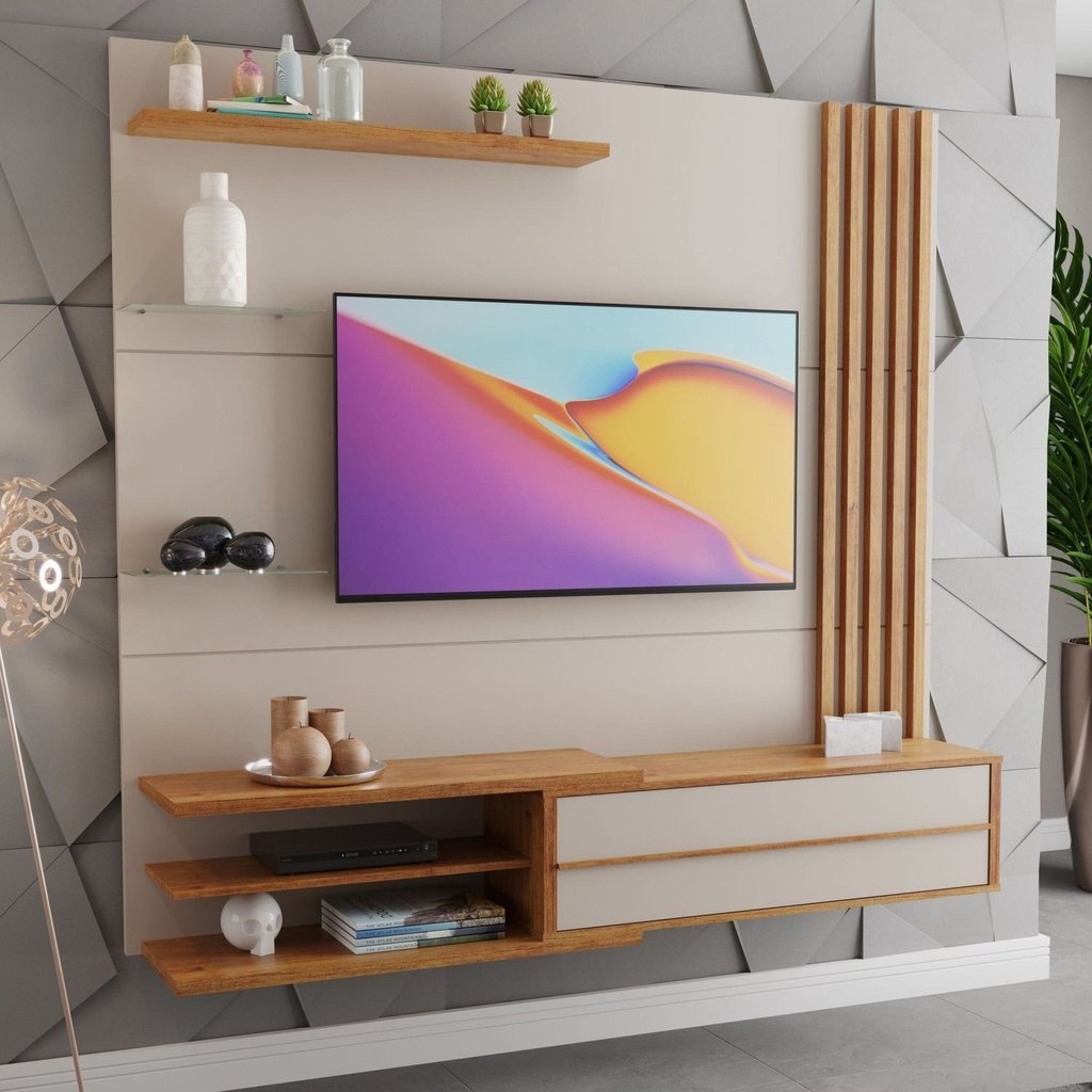 Painel Ripado para TV até 65 Polegadas MDF 180CMX160,8cm 1 Porta Basculante Zinder Bege Off White/Mel