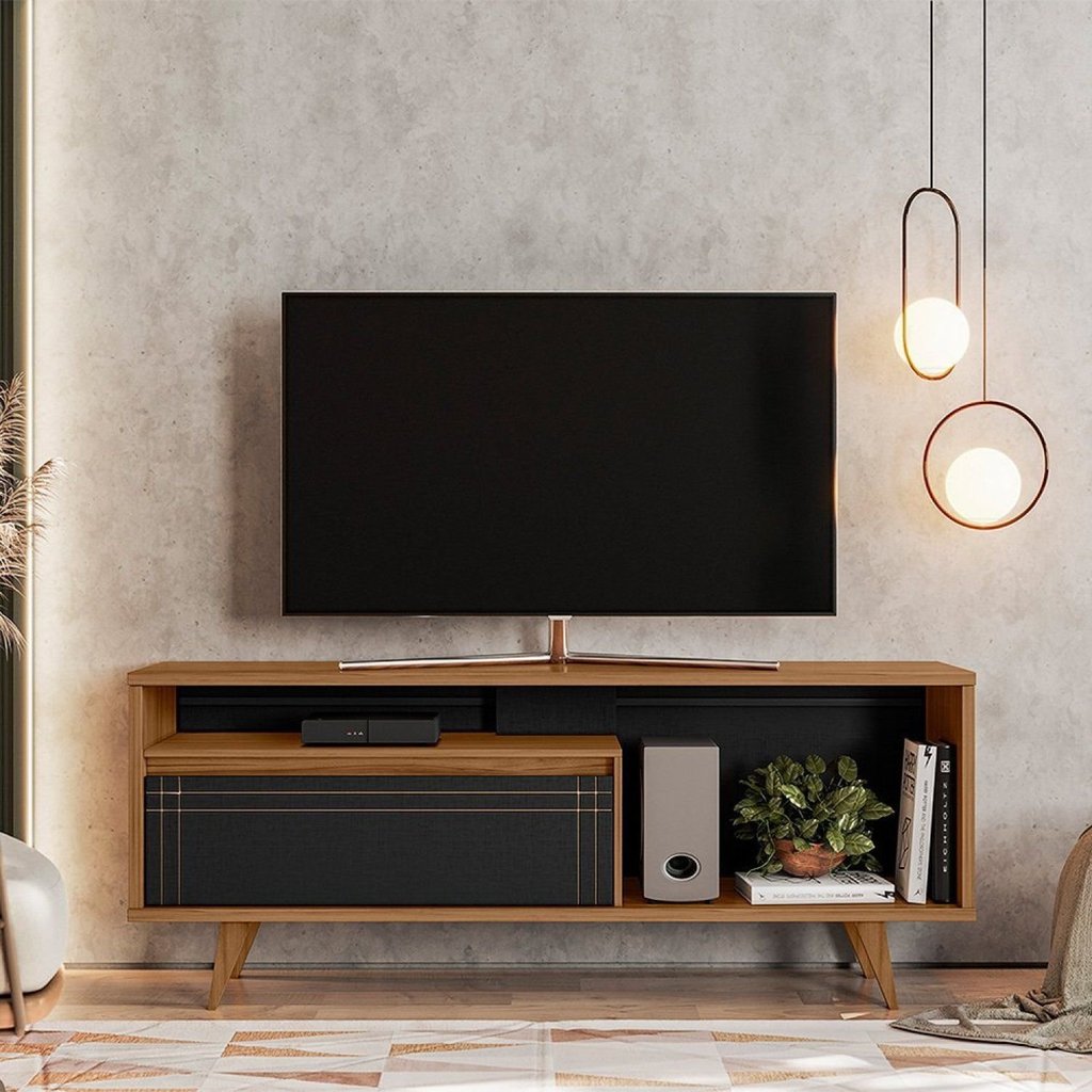 Rack para TV até 60 Polegadas 163,4cm Nt1315 Porta Basculante Frisado Marrom Freijó Trend/Preto Tx Freijó Trend/Preto