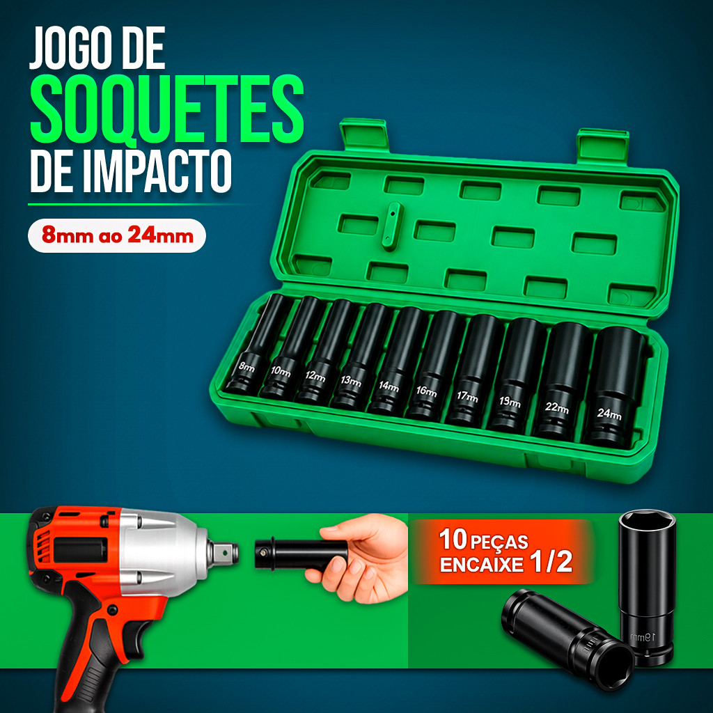 Jogo Kit Soquetes De Impacto 1/2 10 Peças 8mm a 24mm Aço Com Maleta
