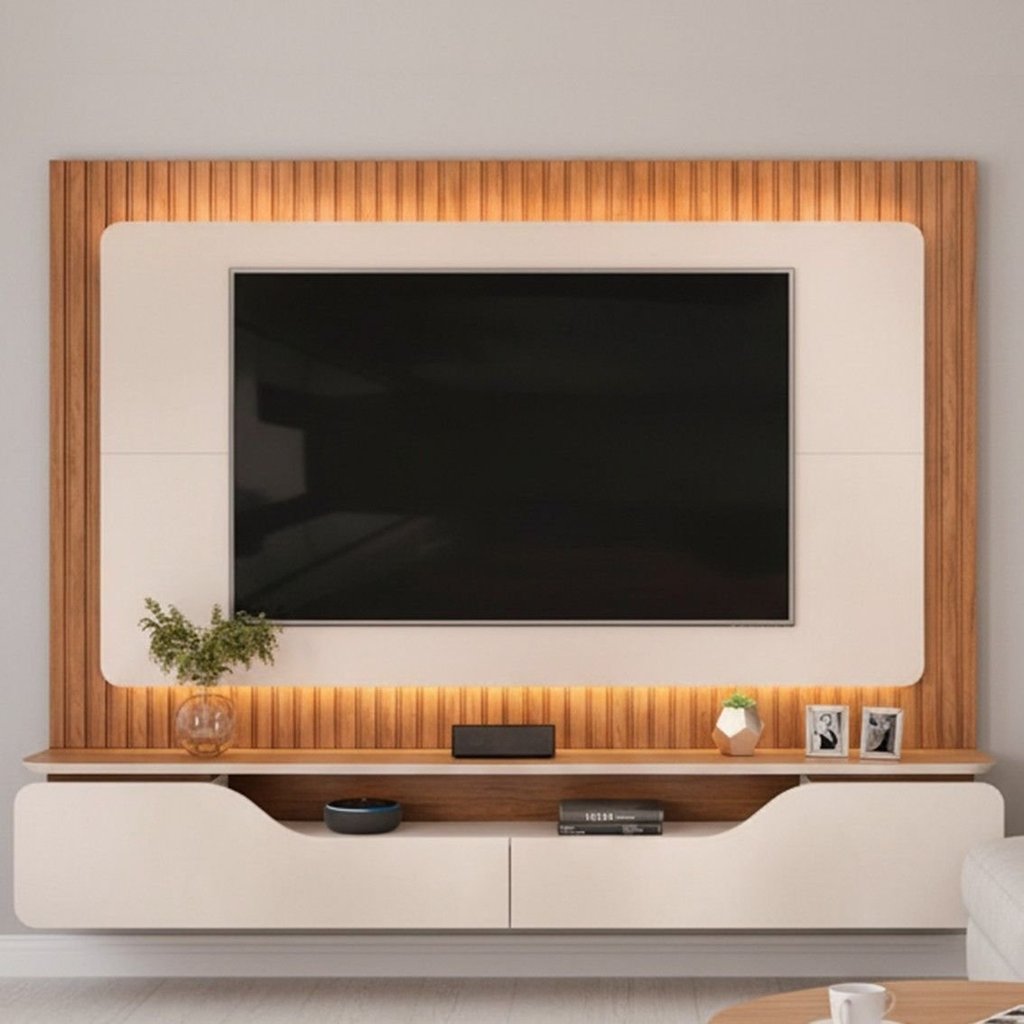 Estante e Home Theater Ripado para TV até 70 Polegadas com 100% MDF 210cmx180cm Led Treviso Marrom Off White/Freijó