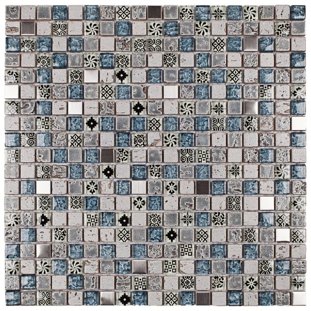 Pastilha de Vidro e Metal de 31cm X 31cm Rende  Glass Mosaic Cinza/Azul/Metal