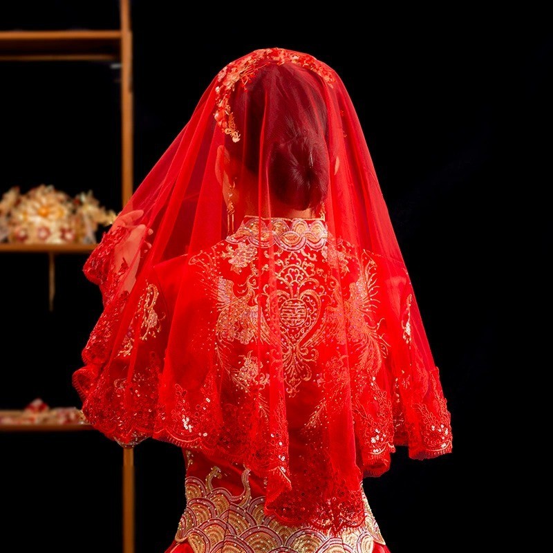 Vermelho estilo chinês casamento noiva vermelho pulôver translúcido véu Xiuhe roupas Xipa véu de casamento chinês cocar
