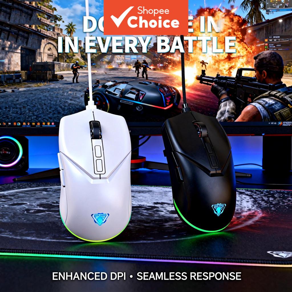 Mouse para jogos com fio 7d, sensor óptico de 3600 dpi, iluminação RGB LED, 7 níveis ajustáveis para PC e laptop
