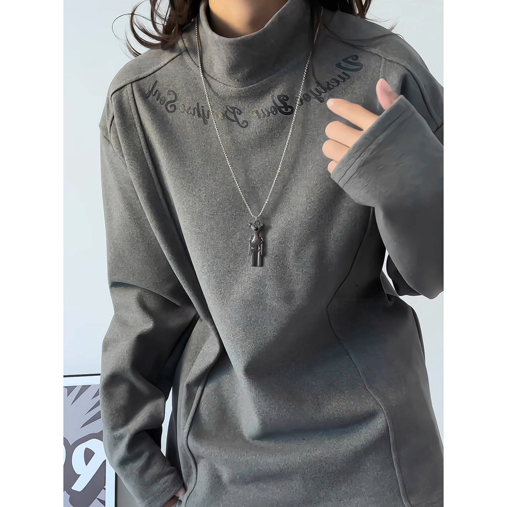 Cinza meia gola alta alemão veludo camisa de fundo masculino inverno costura impresso americano manga comprida camiseta 