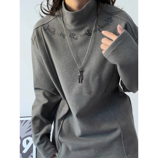 Cinza meia gola alta alemão veludo camisa de fundo masculino inverno costura impresso americano manga comprida camiseta 