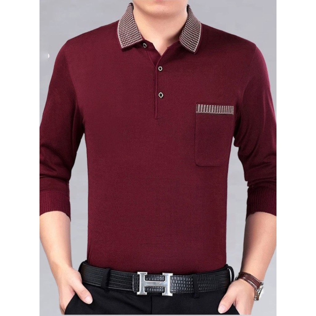 2025 novo estilo primavera de meia-idade masculino puro algodão manga comprida camiseta lapela Plus Size camiseta mascul