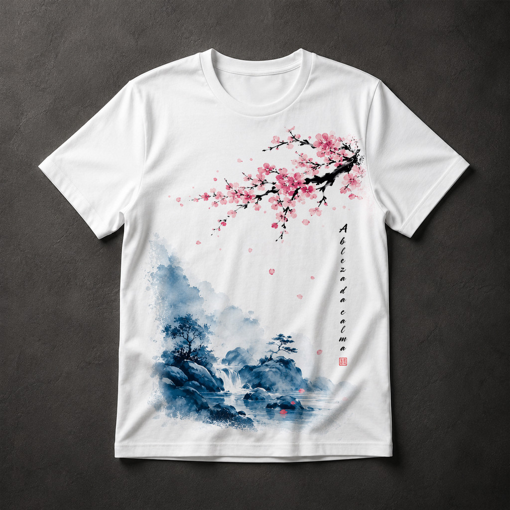 Camiseta Masculina Cerejeira Japonesa Aquarela Oriental Flor Rosa Paisagem Sumi-ê Natureza
