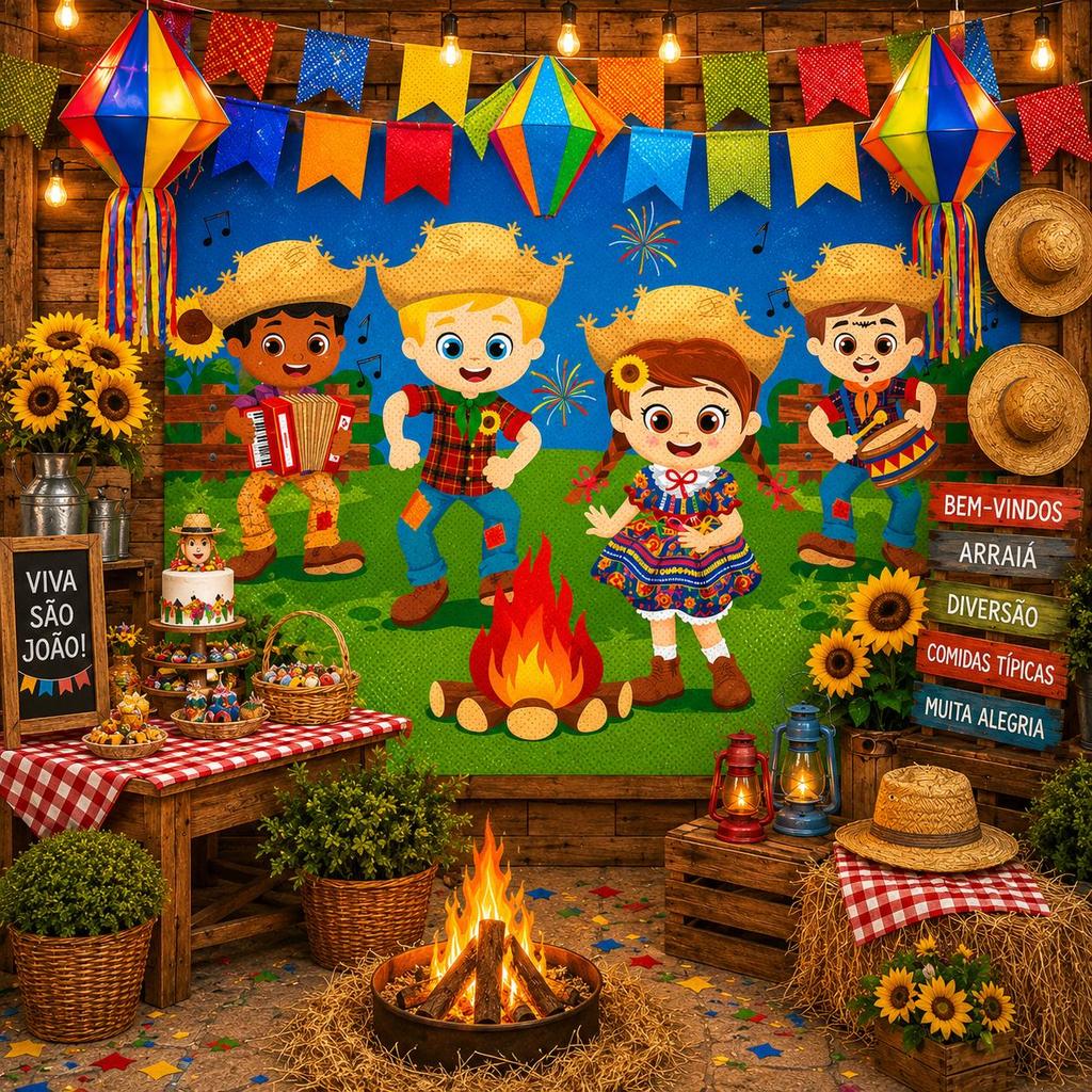 Painel Festa Junina Grande em TNT pra Pendurar na Parede Com Cores Vivas 140 cm
