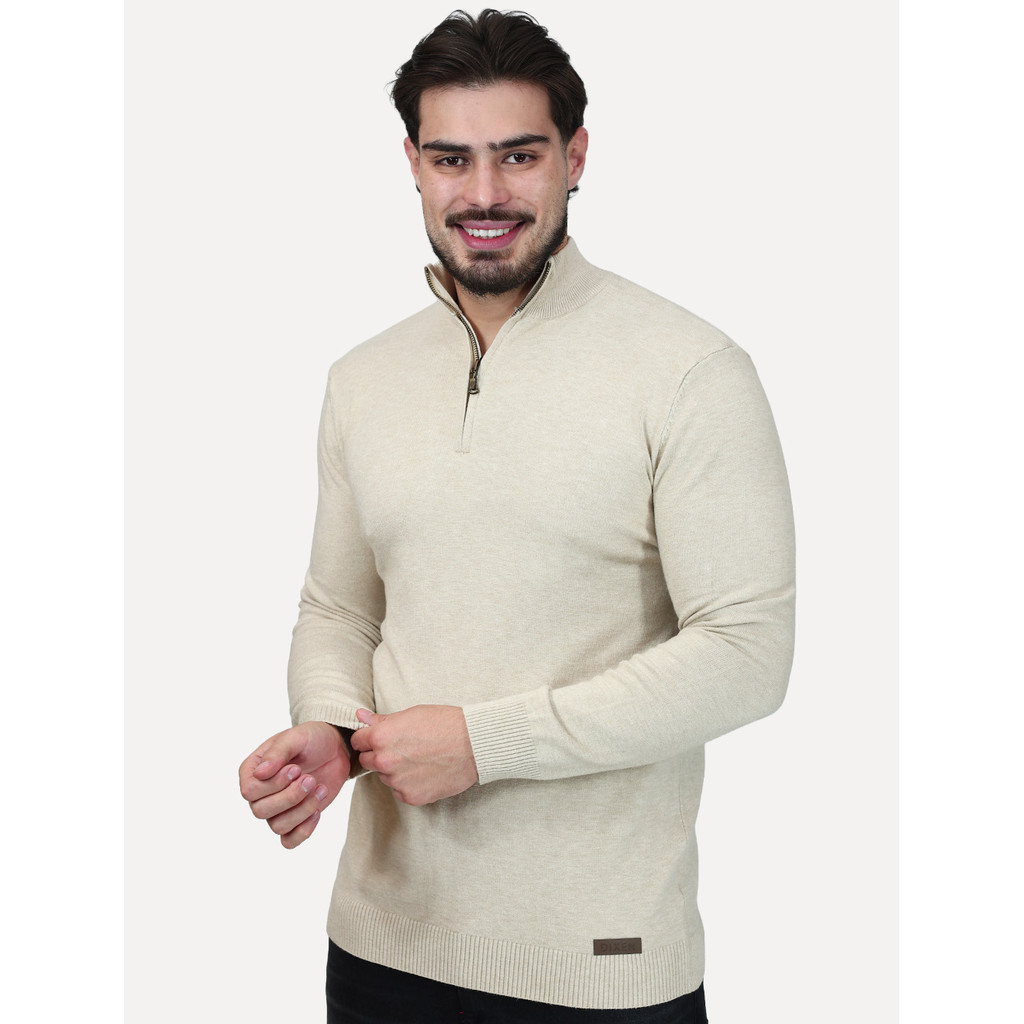Suéter Dixen Masculina Tricot Manga Longa com Ziper Frontal Original Areia
