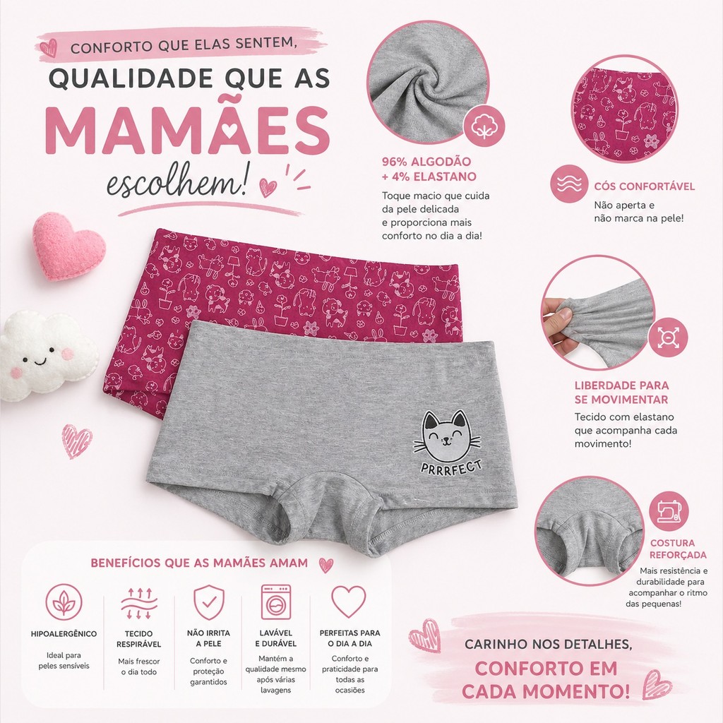 Kit 2 Calcinhas Infantil Feminina Boxer Shortinho Caleçon Algodão Confortável