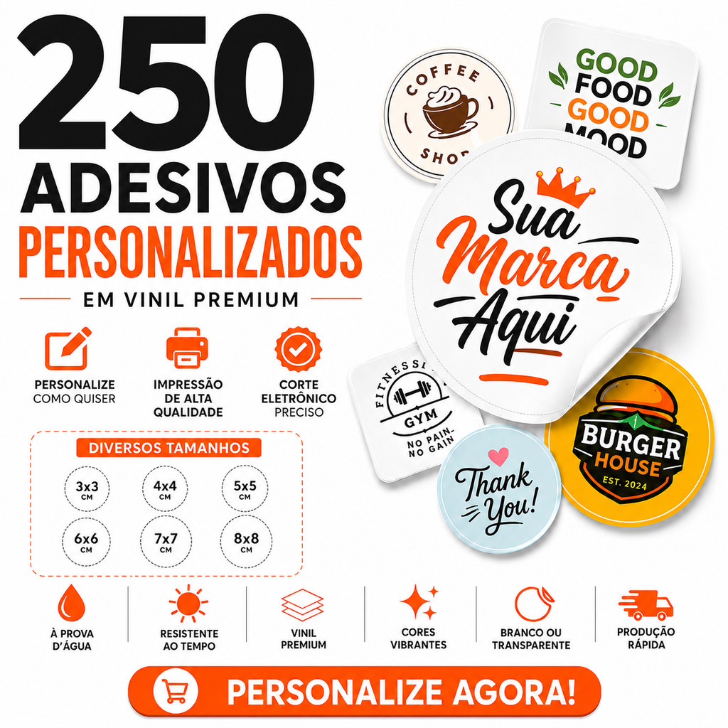 250 Adesivos Personalizados em Vinil 3x3 4x4 5x5 6x6 7x7 8x8 Etc - Etiqueta Adesiva em Vinil Adesivo