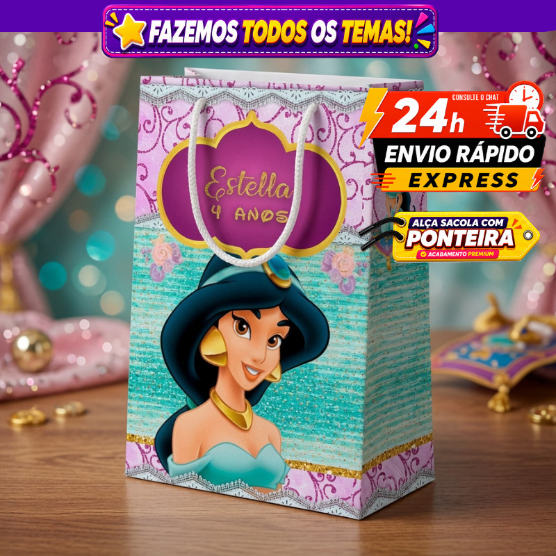 ⭐ Kit Sacolinhas Personalizadas Princesa Jasmine • Qualquer Tema • Nome e Idade • Envio Rápido 24h🎉