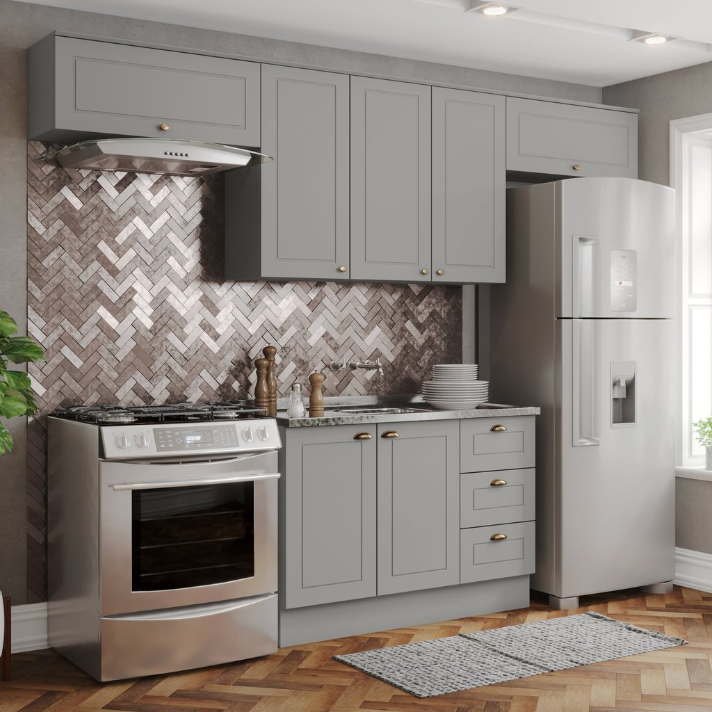 Cozinha Compacta 4 Peças 100% MDF com 2 Aéreos Basculantes  Americana Cinza Cinza