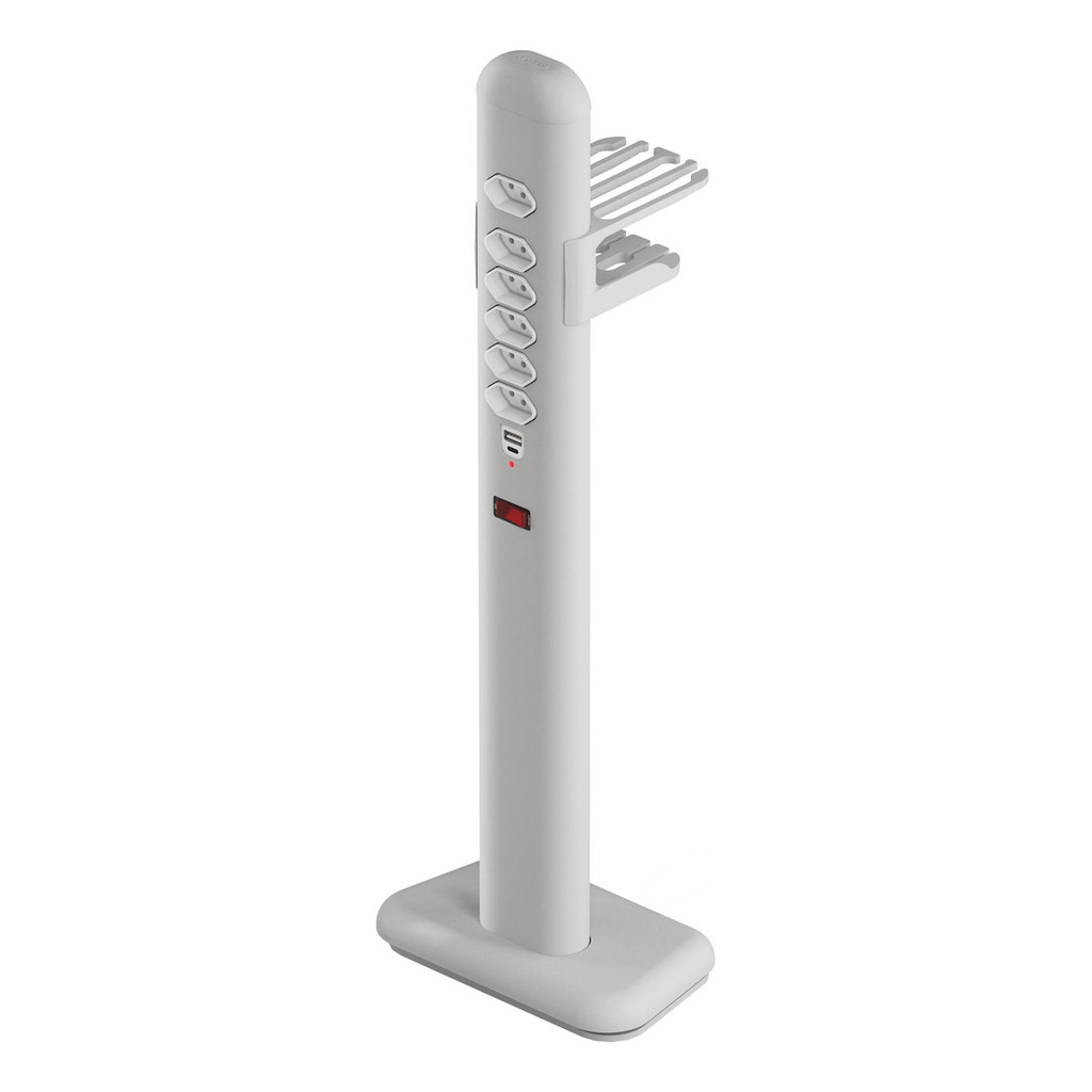 Totem Extensão Elétrica Com 6 Tomadas 1 Usb + 1 Usb-c Prata , Titanium e Preto