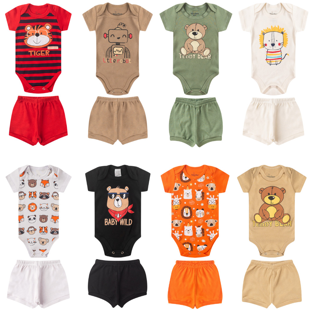 Kit 6 Peças Bebê Menino | 3 Conjuntos| Manga Curta | 100% Algodão |  Macio Confortável | P ao GG em Oferta na Shopee
