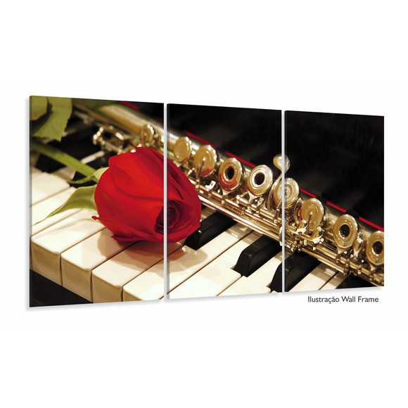 Quadros Decorativo Mosaico 20x28 3 peças Mdf Alta Resolução Full HD  Piano Flauta E Rosa Instrumentos