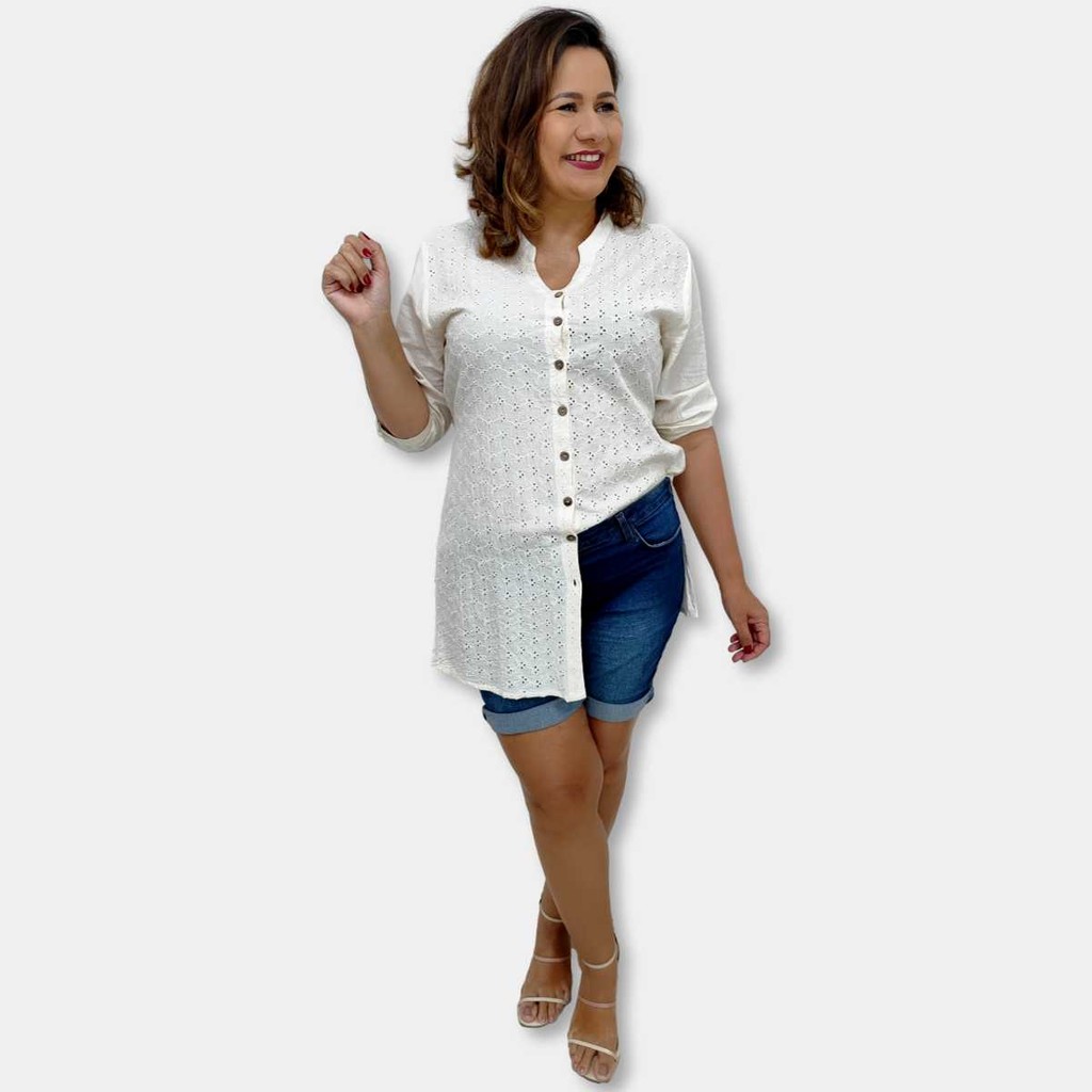 Bata Túnica Feminina Indiana Plus Size Lisa crú Botão e Lesi