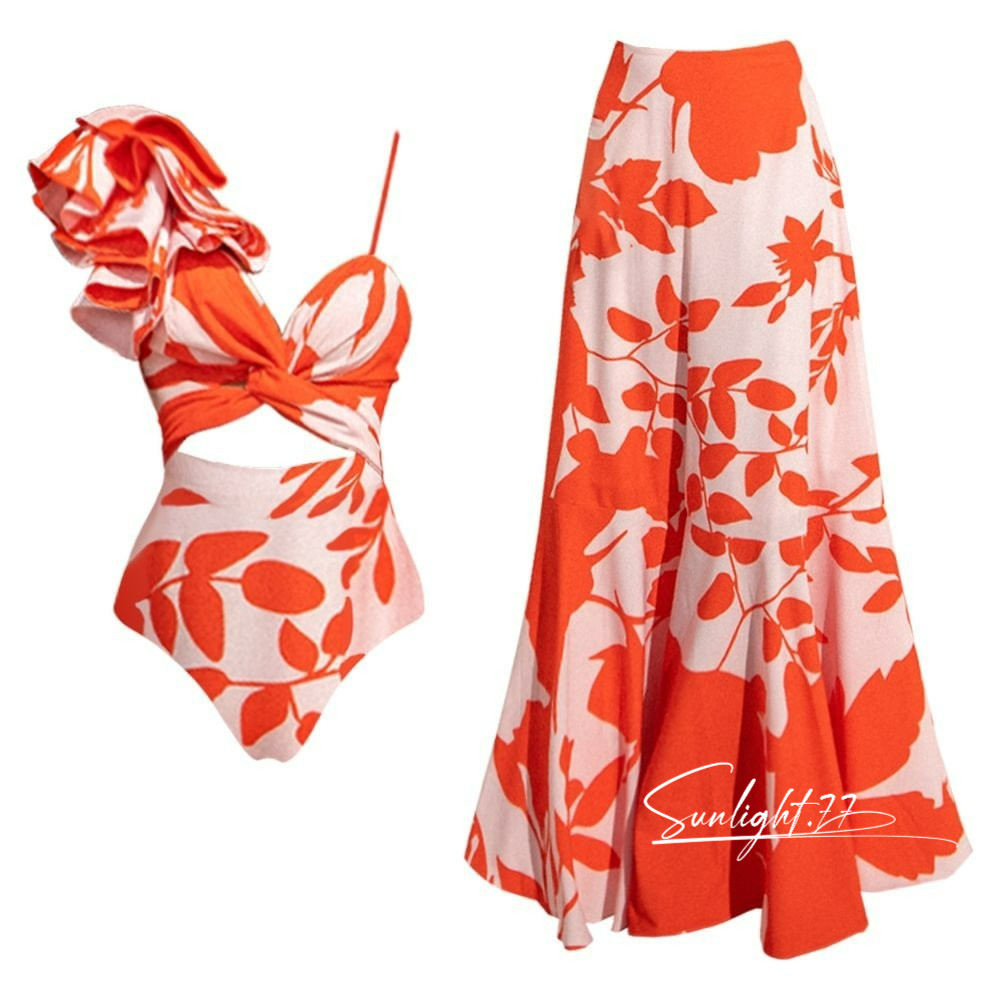 Vestido de banho sexy de um ombro com estampa de babado conjunto de roupa de banho com biquíni