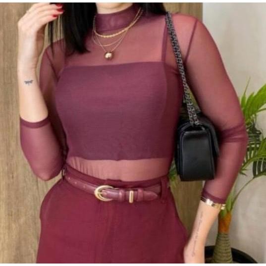 Body Tule de Gola Alta e manga Longa diversas cores em Oferta na Shopee