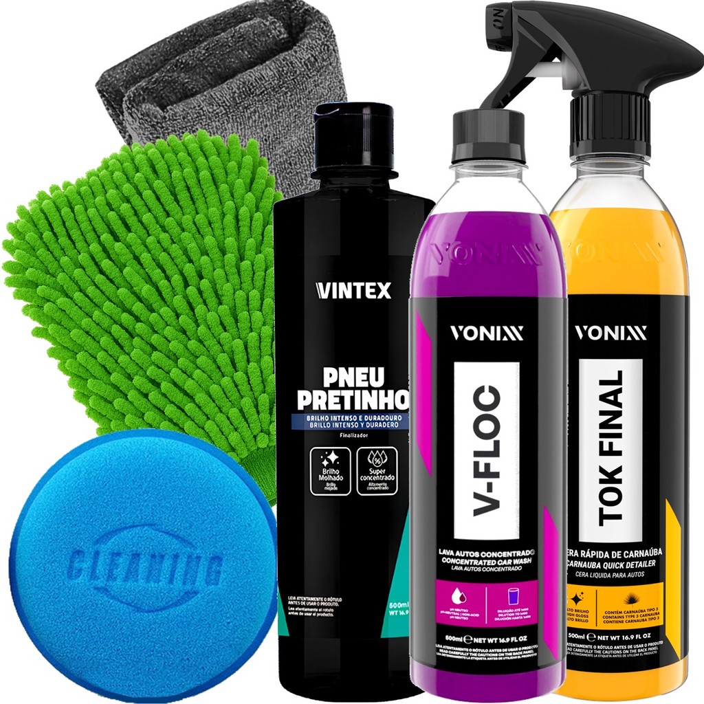 Kit Pneu Pretinho Shampoo V-Floc Cera Tok Final Carnauba Vonixx