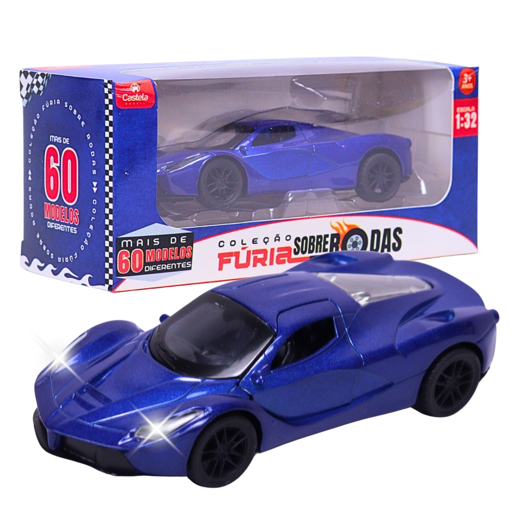 Carrinho Miniatura Azul Pull Back 1:32 C/ Som e Luz - Castela