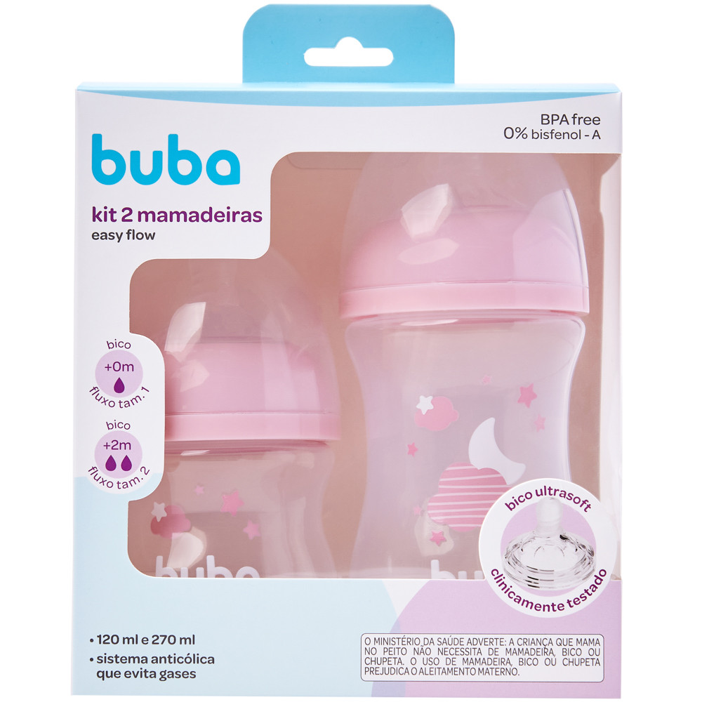 Kit 2 Mamadeira Buba Easy Flow Anticólica Nuvem Rosa 120 ml e 270 ml em Oferta na Shopee