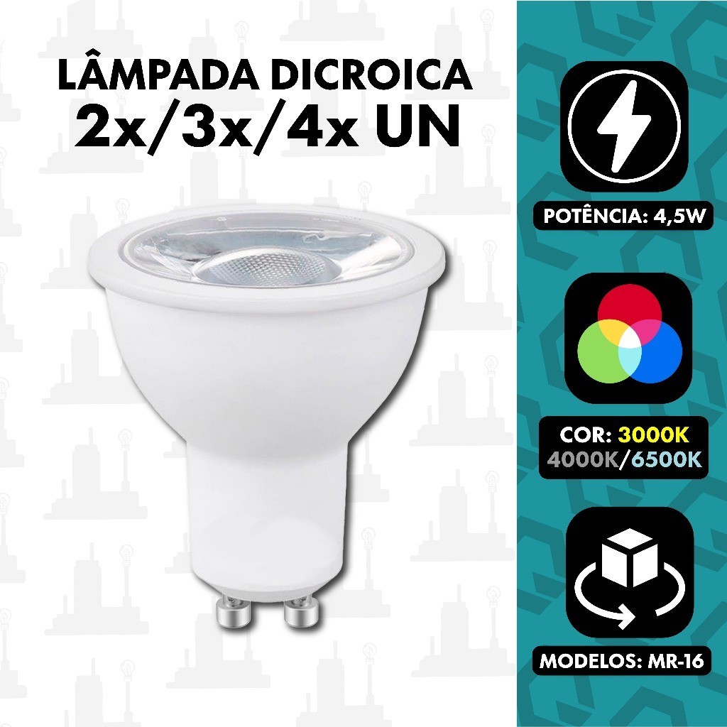 kit 2, 3 ou 4 Lâmpada Dicroica Led 4,8w Mr 16 Gu10 Bivolt Para Spot