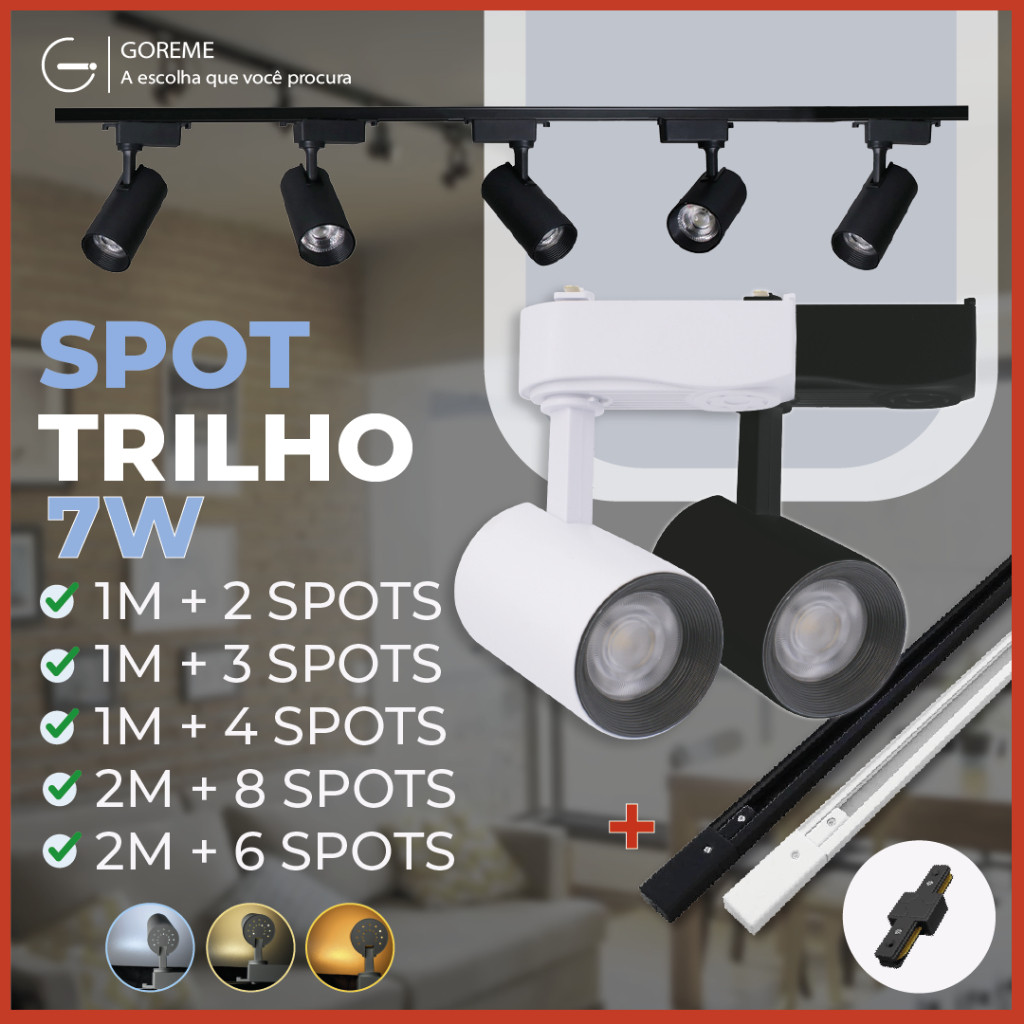 Trilho Spot LED para trilho eletrificado + Trilho + Conector Tubinho Preto e Branco 7W 360°| Bivolt em Oferta na Shopee