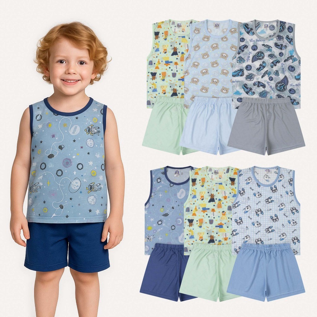 Kit 3 Conjunto Pijama Infantil Menino Regatas Verão Sortidas 3 Camiseta + 3 Short