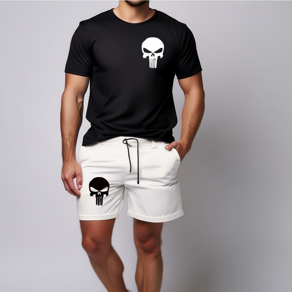 conjunto kit Camiseta camisa e Short Tectel Conjunto Masculino Justiceiro Caveira Vingança Filme    Básico Lançamento
