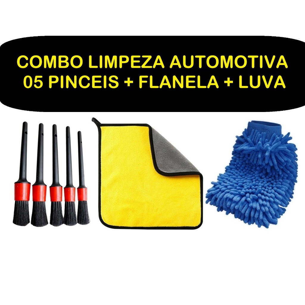 Kit Limpeza Automotiva 05 Pincéis limpeza Automotivas +  Flanelas Toalhas Panos Microfibra 40x30 60x30 + Luva Microfibra