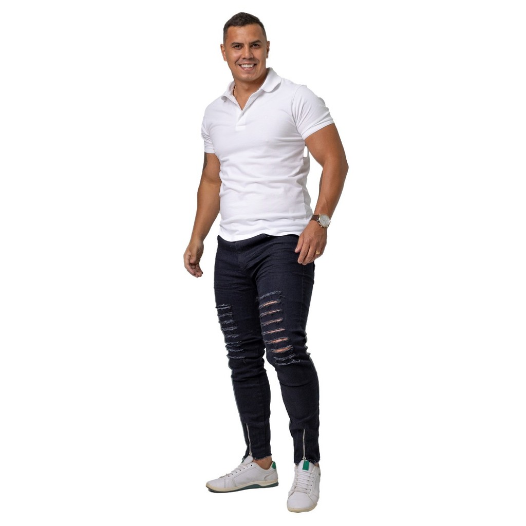 Calça Jeans Masculina Elastano Slim Skinny Rasgada Zíper na Barra - Estilo Ousado - Tendência Moda Fashion 2026