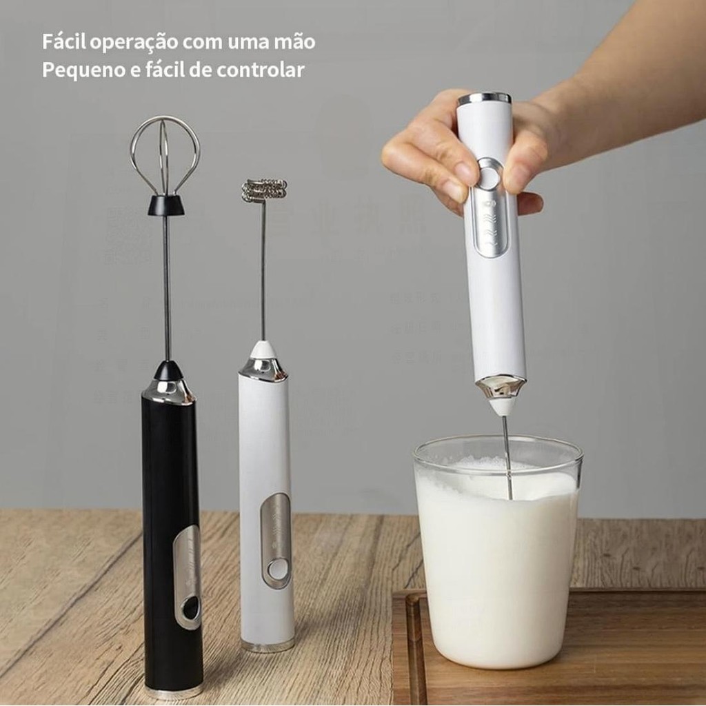 Batedor Elétrico de Mão 2 em 1 para Espumar Leite, Misturar Café e Bater Claras – Cozinha Prática