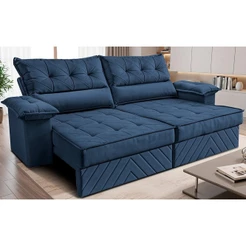 Sofá Retrátil e Reclinável 2,40m com Molas e Espuma D33 Thunder Velusoft Azul Cama inBox