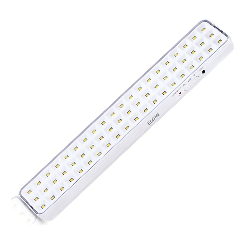 Luminaria Emergencia 60 LEDs Elgin 4W Bivolt Branco Frio 6500K Bateria Litio Luz Emergencia LED Alta Duracao Casa Comerc