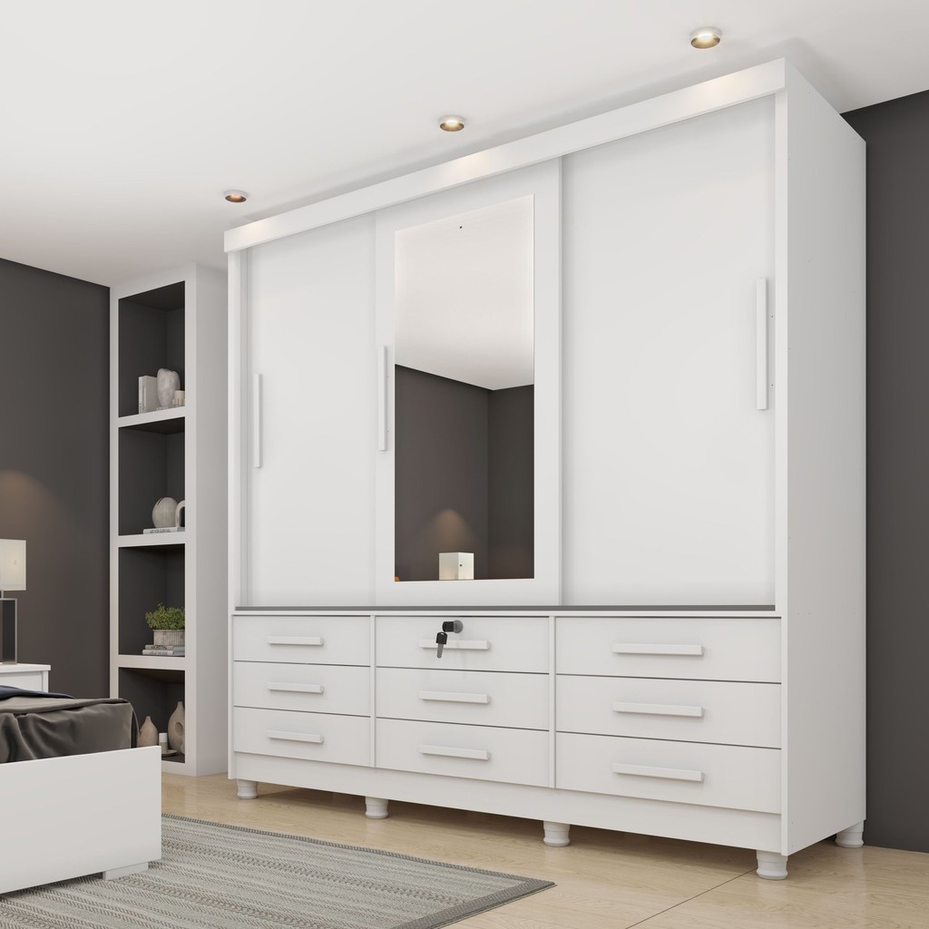 Guarda Roupa Casal com Espelho e pés 3 Portas 9 Gavetas 199cm Chicago   Neve em Oferta na Shopee