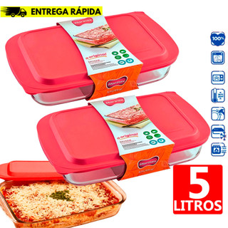 Assadeiras Retangular Marinex Lasanheira 5L c/Tampa Plástico Vermelha Vidro Temperado
