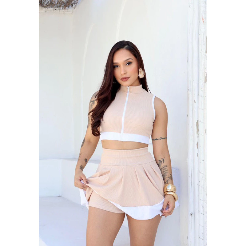 Conjunto Top Com Zíper e Short Saia Gringa